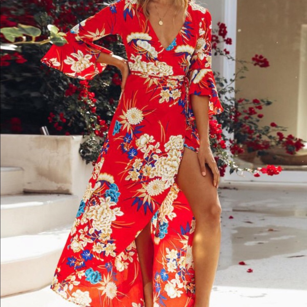 Floral Print Self Belted High Slit Wrap Maxi Dress
